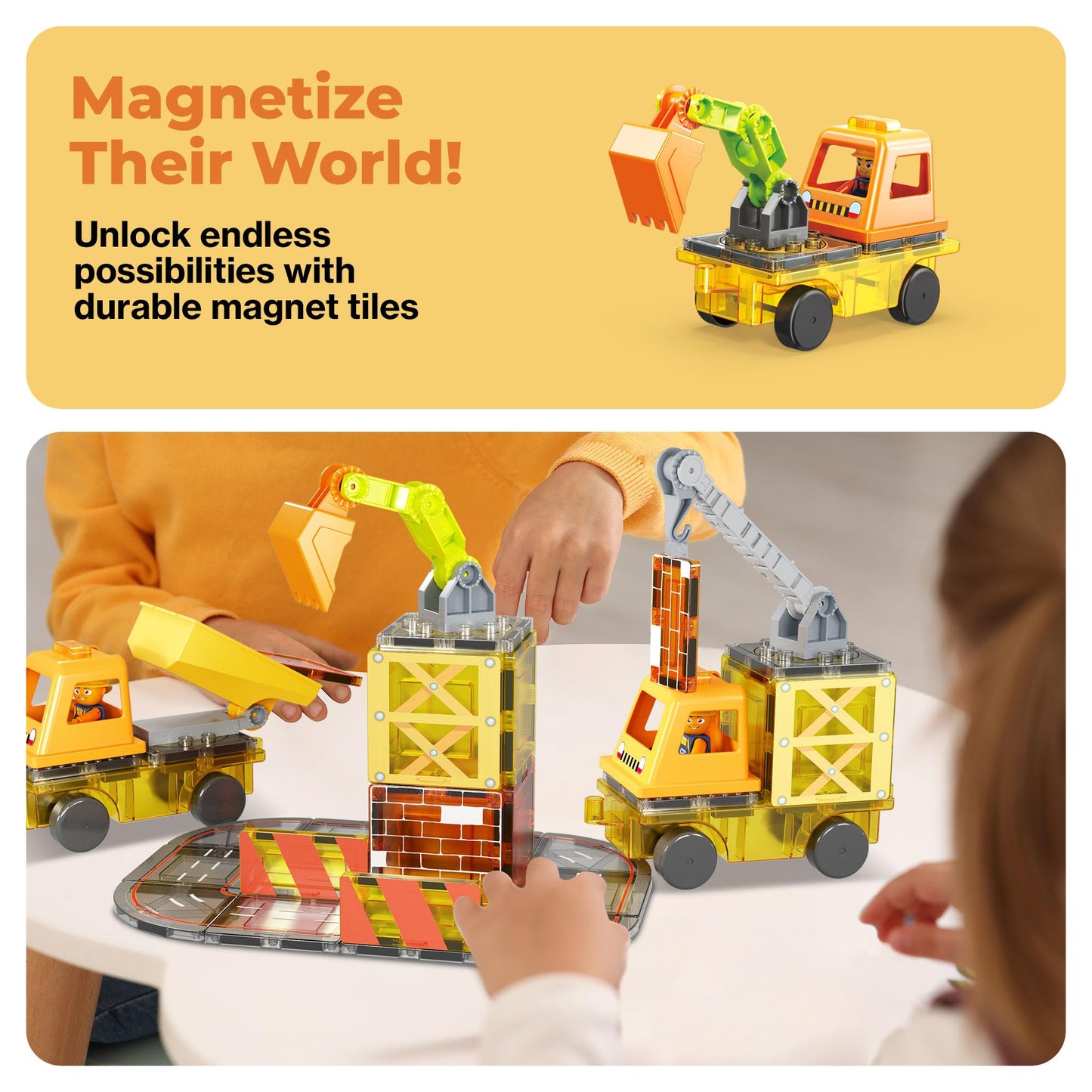 PicassoTiles Magnet Tile Construction Themed Building Blocks 5-in-1 Crane, Ladder, Dump Truck, Excavator, and Backhoe Action Figures, 2 Car Base Vehicles Magnetic Tiles Learning Toys Kids Ages3+ PTU06