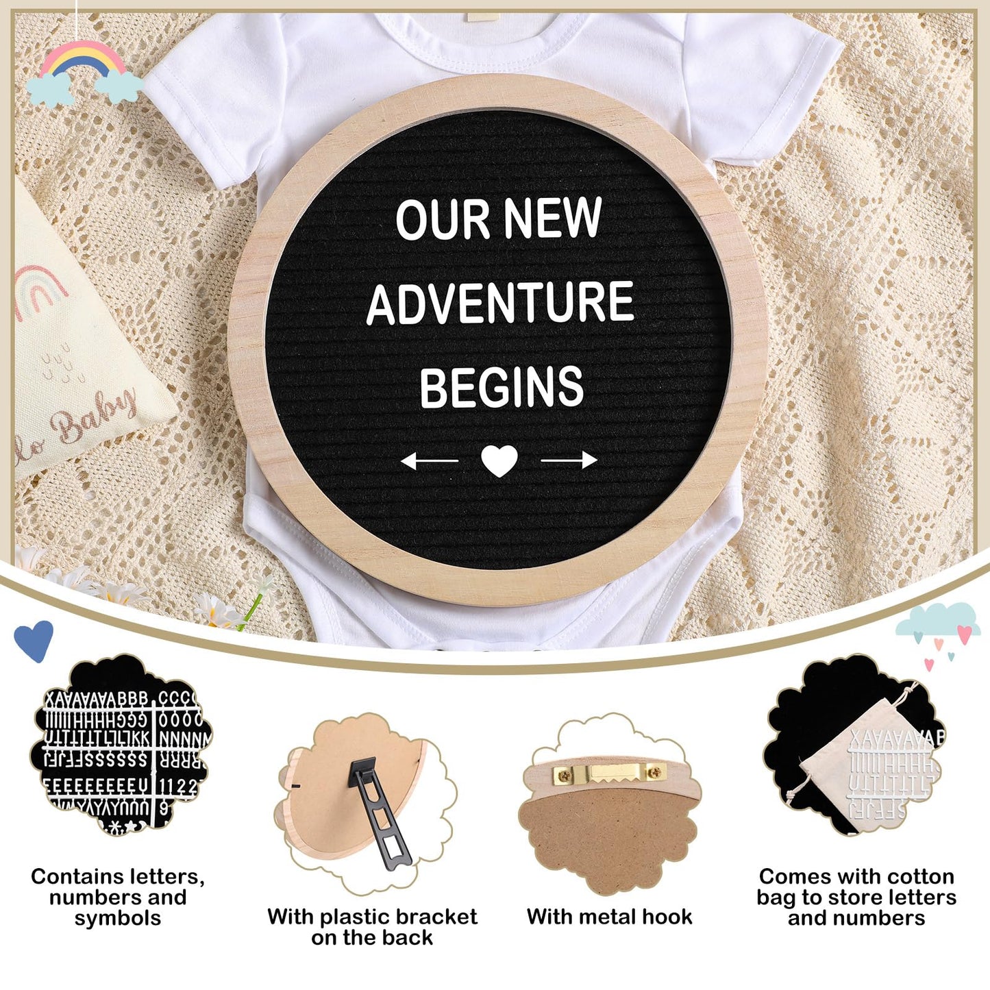 Canlierr 8 Pcs Pregnancy Announcement Set Pregnancy Reveal Ideas Include Felt Letter Round Board Kit Baby Bodysuit Booties Wood Blocks Wooden Signs for Coming Soon Baby Announcement(Black)