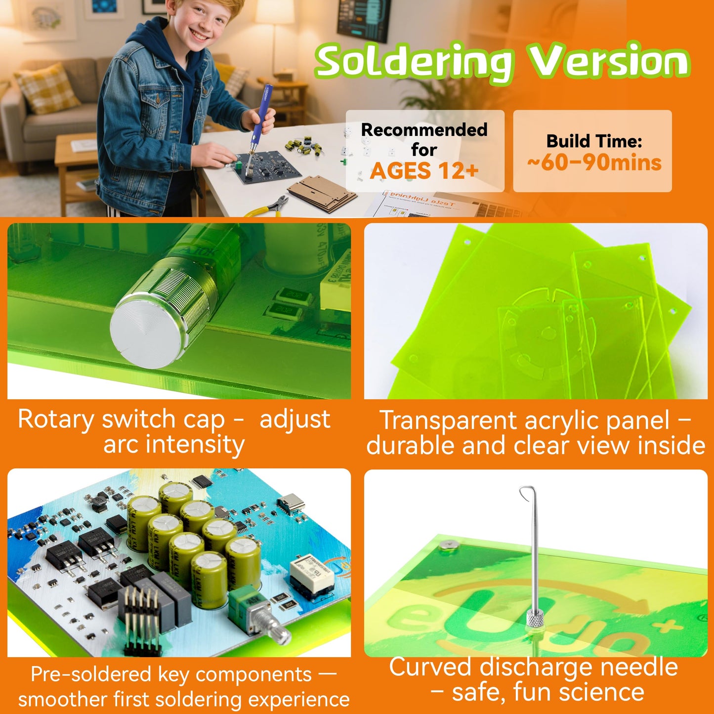 eUda+ STEM Tesla Lightning Kit For Kids&Adults Science Kits For Kids Age 12-14 Stem Kits For Kids Age 14-16 Electronic Science Kits Soldering Practice Kit For Beginners 12+(Soldering Version, RFG PRO)