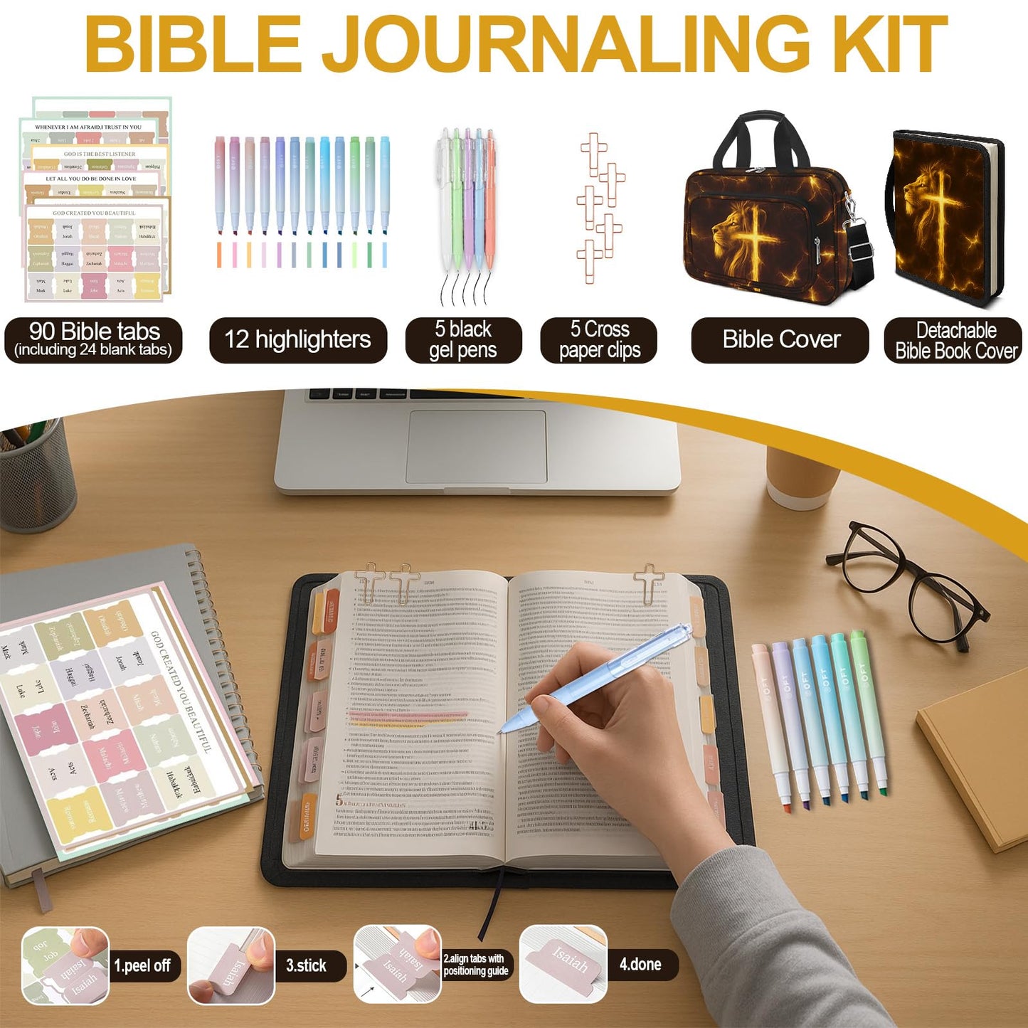 IBOVODI Lion Cross Bible Cover Case for Boys Kids, Large Men Bible Carrying Book Case Church Bag with Handle Zipper Pocket, Bible Study Supplies Journaling Kit, Highlighters Tabs Pens Cross Clips
