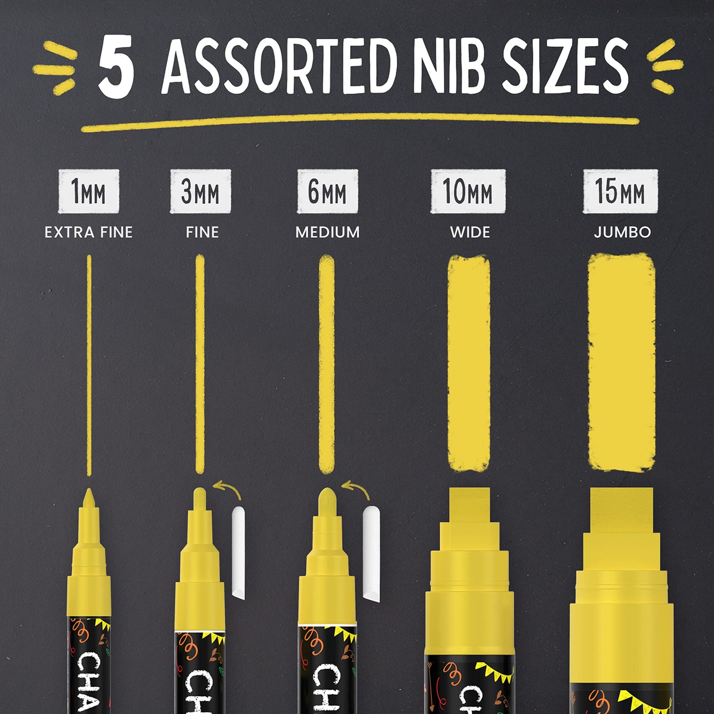 5 Gold Chalkboard Chalk Markers - Gold Dry Erase Markers for Blackboard, Chalkboard Signs, Windows, Glass | Variety Pack - Fine & Jumbo Size Ink Pen (1mm, 3mm, 6mm, 10mm, 15mm)