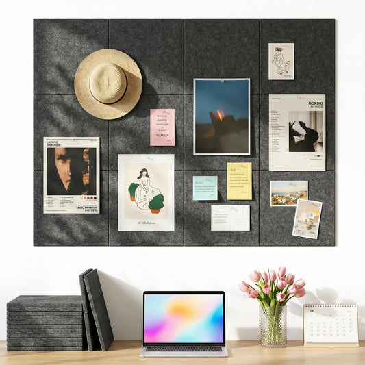 Aothia Felt Bulletin Board Tiles for Wall, 12 Pack Large 48" x 36", Felt Wall Tiles Cork Board Alternative, Adhesive Bulletin Board Tiles for Office, Classroom & Home, Charcoal Gray