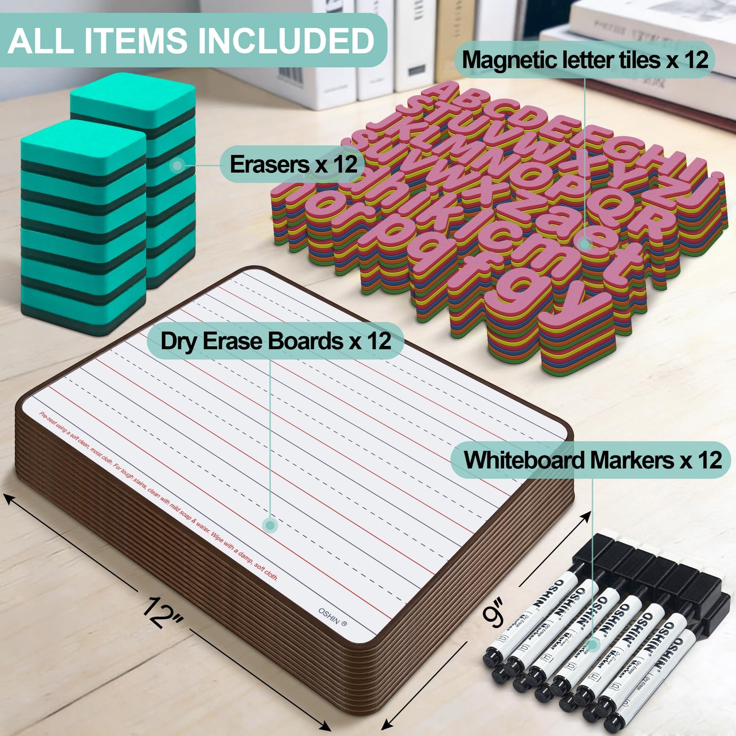 12 Pack Small White Boards, 9"x12" Double Sided Magnetic Dry Erase Boards Personal Handheld Whiteboards with Lines for Kids, Students, Teacher School, Include 12 Markers, 12 Erasers, 12X52 Pcs Letters