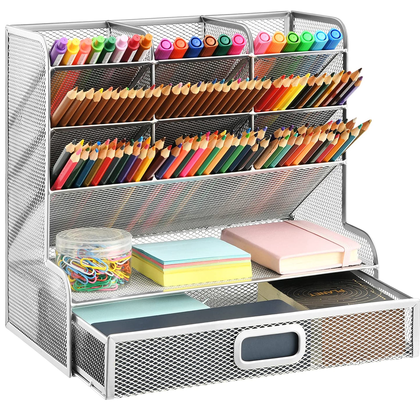 Marbrasse Larger Mesh Desk Organizer with Drawer, Multi-Functional Pen Pencil Holder, Desk Organizers and Accessories for Office Art Supplies (Silver Mesh Pen Holder with Drawer)