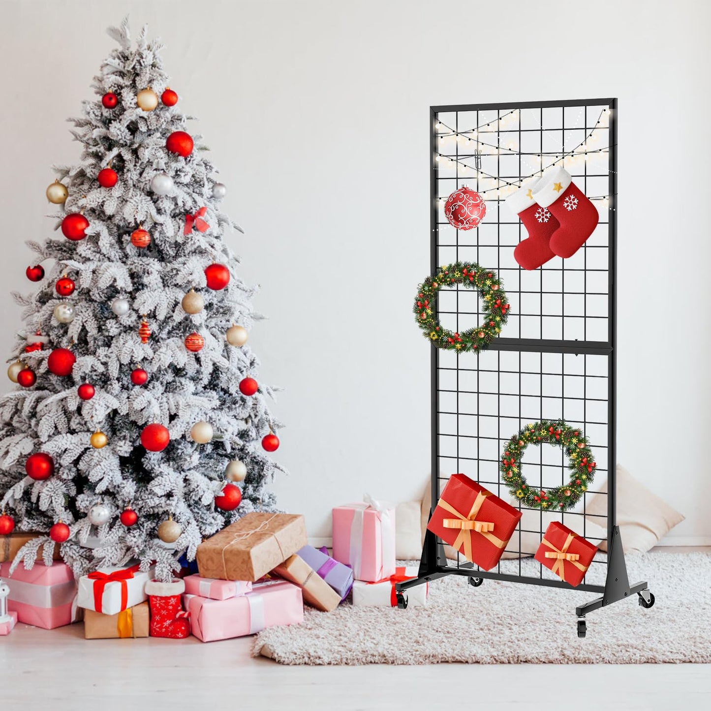QKOSMTL 3-Pack Gridwall Panel Display Stand, 2'x5.5' Heavy Duty Floor Standing Rack with Detachable Girdwall, Movable Silent Wheel, Easy to Transport, Ideal for Retail & Craft Fairs