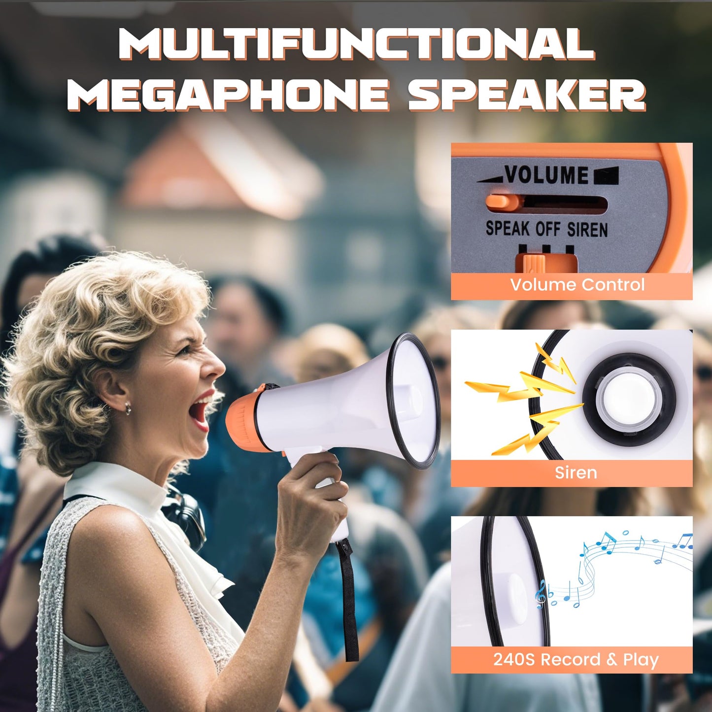 MyMealivos Portable Megaphone Bullhorn 20 Watt Power Megaphone Speaker Voice and Siren/Alarm Modes with Volume Control and Strap (White&Orange)