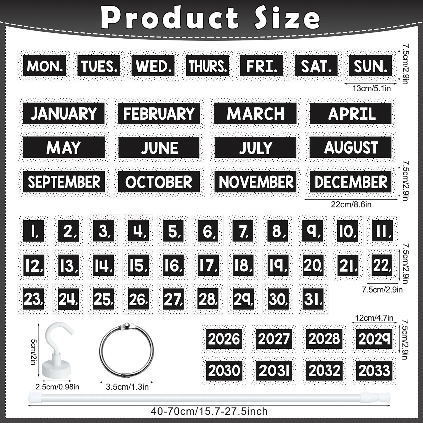 Magnetic Black and White Flip Calendar Bulletin Board Set, 60 Calendar Cards with Adjustable Magnetic Rod, Polka Dot Classroom Calendar Date Cards Set for Class Whiteboard Decor Back to School Teacher Supplies