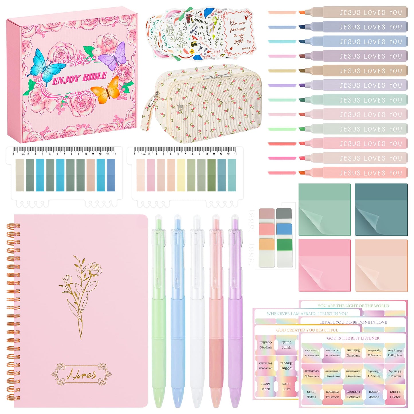 Bible Study Supplies Journaling Kit for Women,Bible Study Kit with Highlighters No Bleed,Journal Notebook Tabs Large Pencil Case, Accessories Set for Women Teens Beginner, Christian Gifts (Pink)