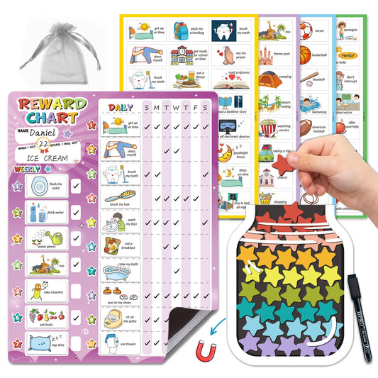 JJPRO Magnetic Reward Chart for Kids with Reward Jar- Behavior Reward Chart System, Toddlers Daily Routine,Visual Schedule Board,96 Reusable Stickers& 45 Star Tokens to Motivate Responsibility