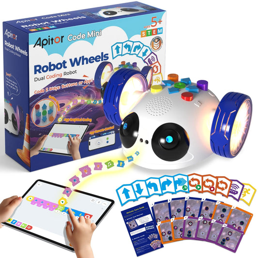 Apitor Coding Robot Toys for Kids Ages 5+, STEM Robot Toy Kit with Wheels and Play Cards, Screen Free Remote Control Programming Interactive Toy for Boys and Girls Ages 5-8