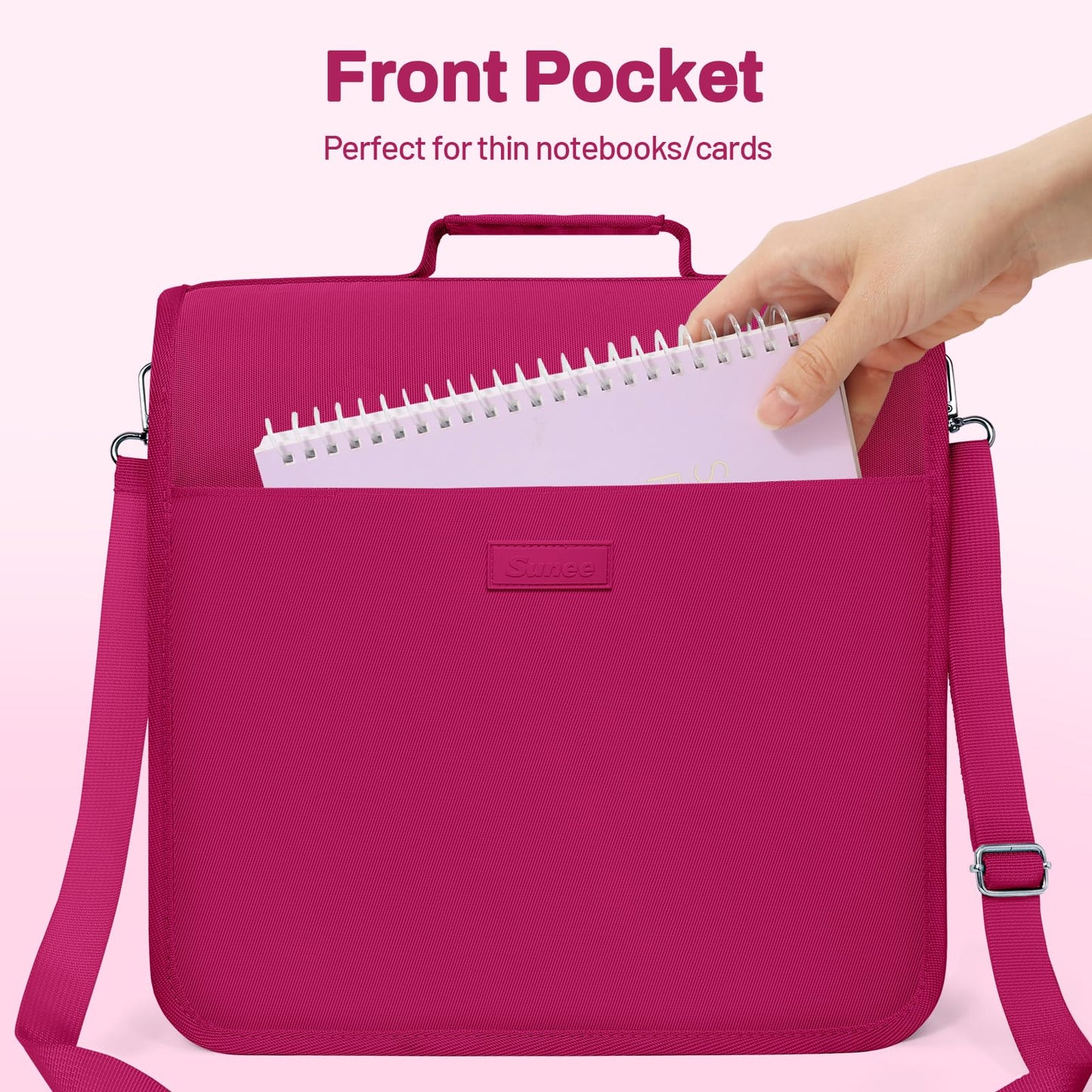 SUNEE Zipper Binder 3 Ring, 3 Inch O-Ring with Handle and Shoulder Strap, 600-Sheet Capacity, 5-Tab Expanding File Folder, Multi-Pockets for Middle School Organizer Binder with Zipper, Berry Pink