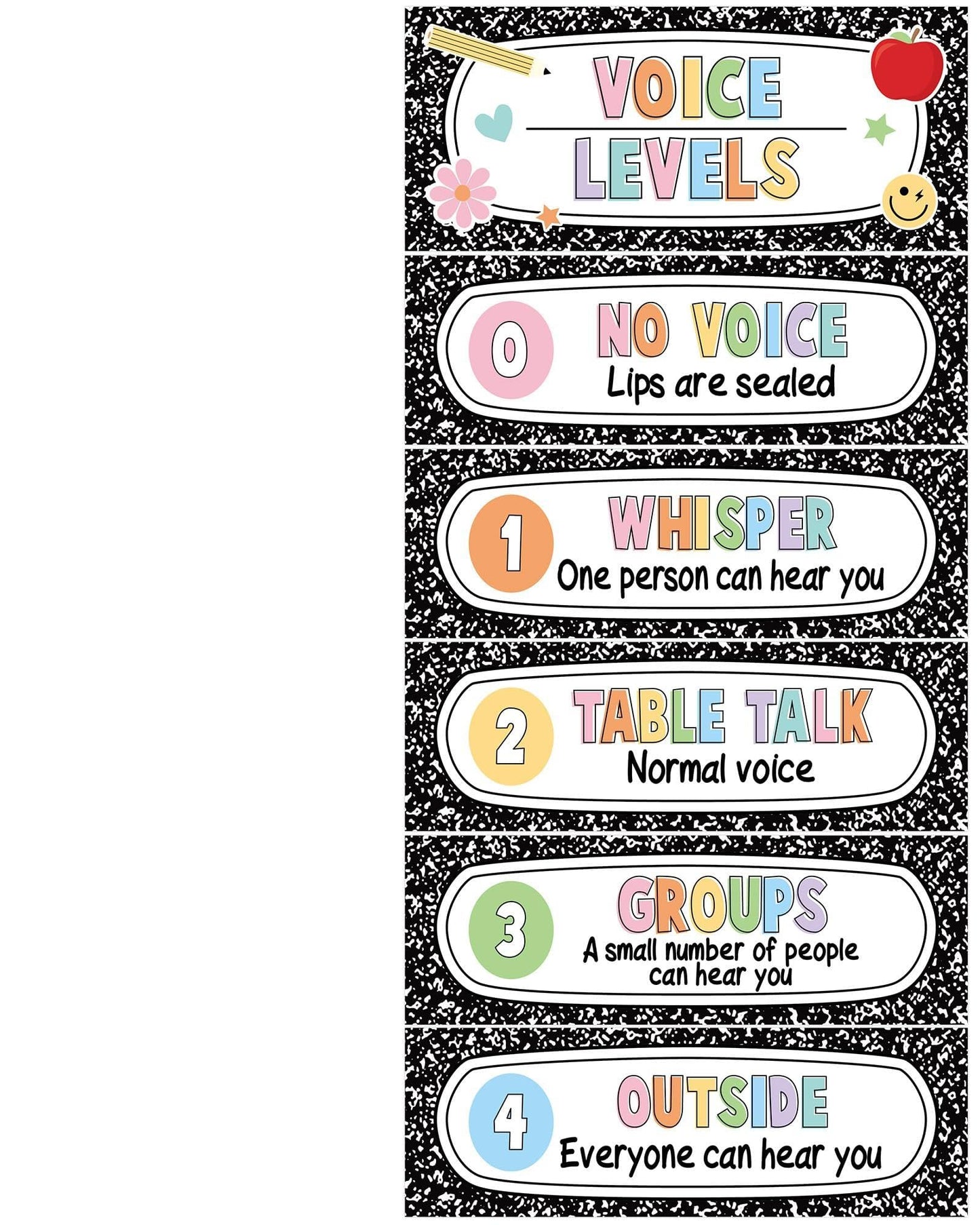 5 Pcs School Push Light and Voice Level Poster Voice Level Chart Monitor Rules Sign LED Tap Light Classroom Rules Poster Noise Chart Classroom Management Tools for Teachers Kids（Composition Style）