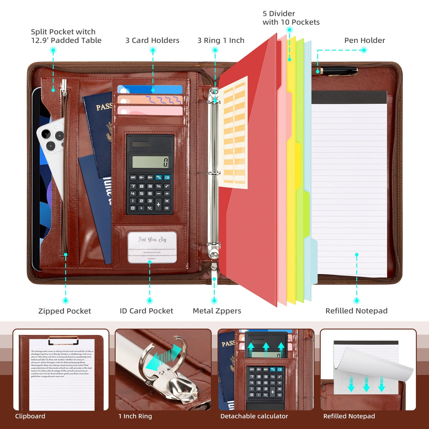 Ospelelf 3 Ring Binder Portfolio Folder with Zipper- Leather Padfolio with Clipboard Storage- Calculator, 12.1” Tablet Sleeve, 5 Dividers with Pocket, Refillable Notepad, Card Slot (Red Brown)