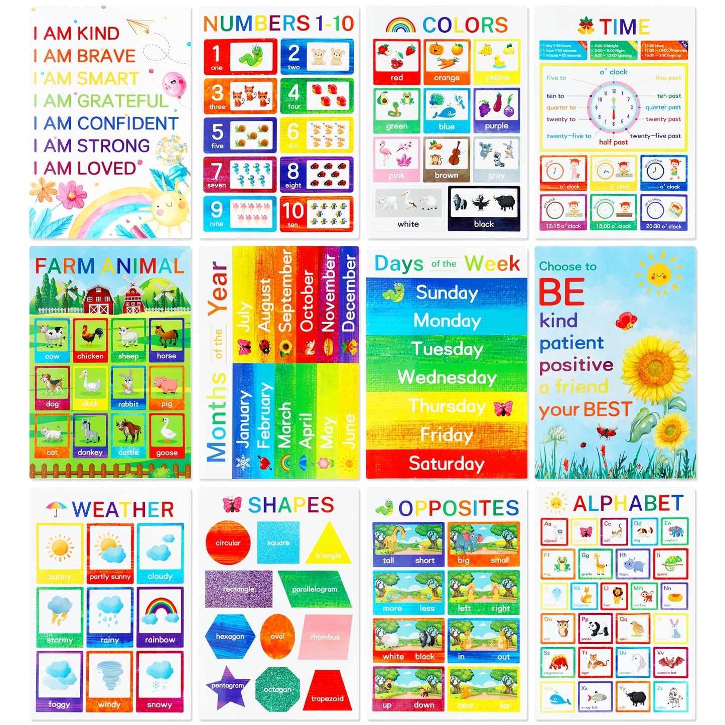Educational Posters for Elementary Preschool Kindergarten Classroom Learning, Preschool Learning Posters for ABC Alphabet, Time, Number, Months,Colors, Weather, Animals, More, 16.5x11 Inch (12P Style B)