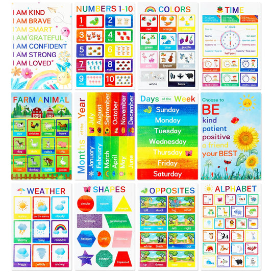 Educational Posters for Elementary Preschool Kindergarten Classroom Learning, Preschool Learning Posters for ABC Alphabet, Time, Number, Months,Colors, Weather, Animals, More, 16.5x11 Inch (12P Style B)