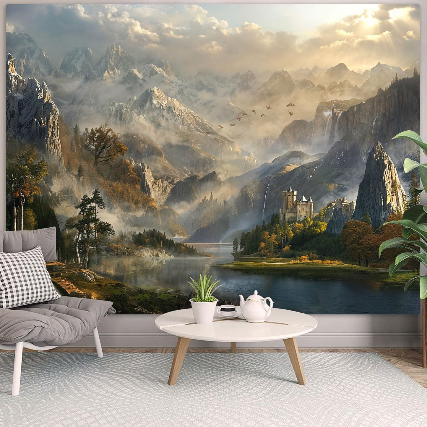 Spenlife Fantasy Valley Castle Wall Tapestry, Enchanted Mountain Lake Tapestries for Room Decor, Scenic Tapestry 60x44 Inch