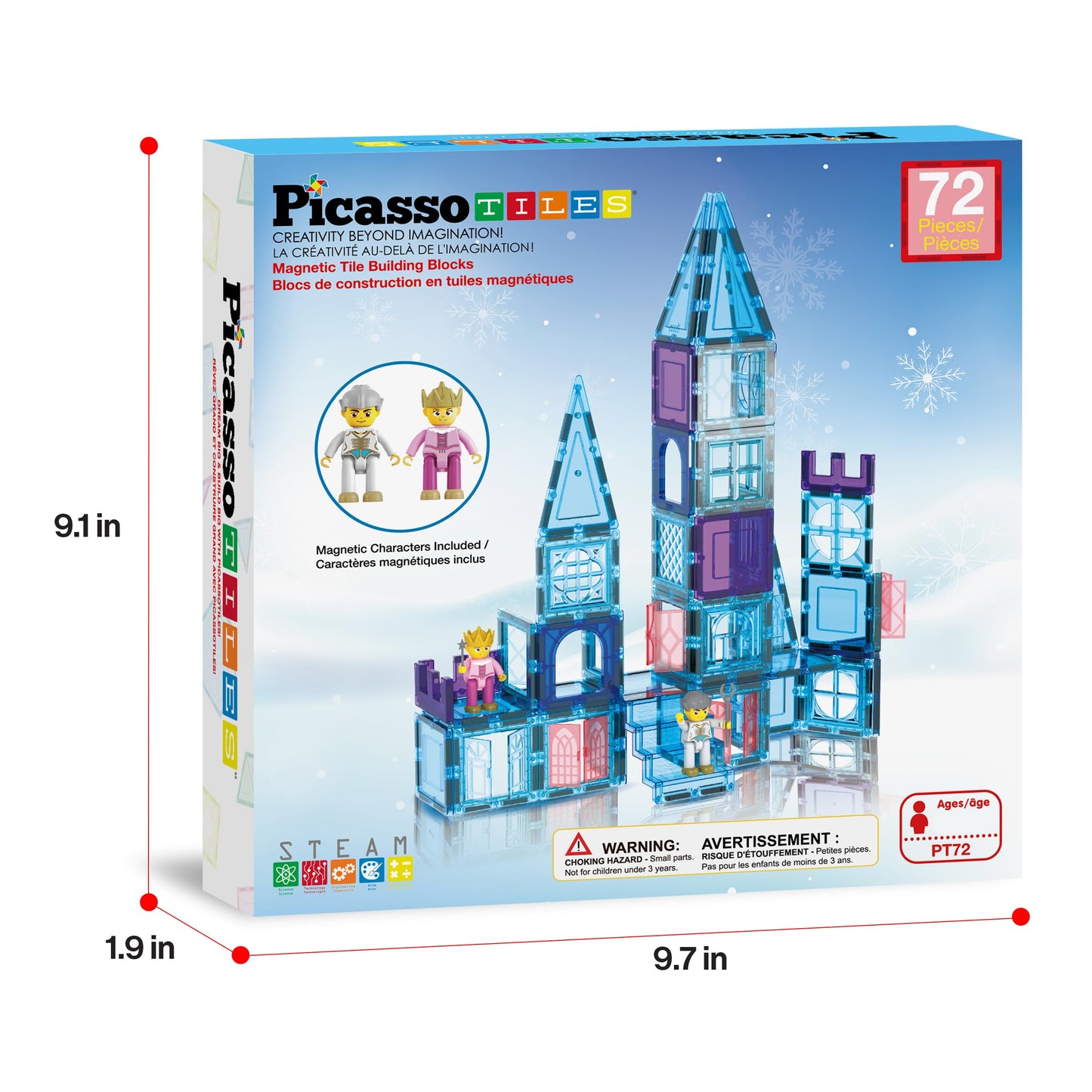 PicassoTiles 72 Piece Magnetic Building Tiles Castle Winter Ice Theme Construction Magnet Block Set with Princess Prince Character Stairs Windows Doors STEM Learning Educational Toy Kids Ages 3+ PT72