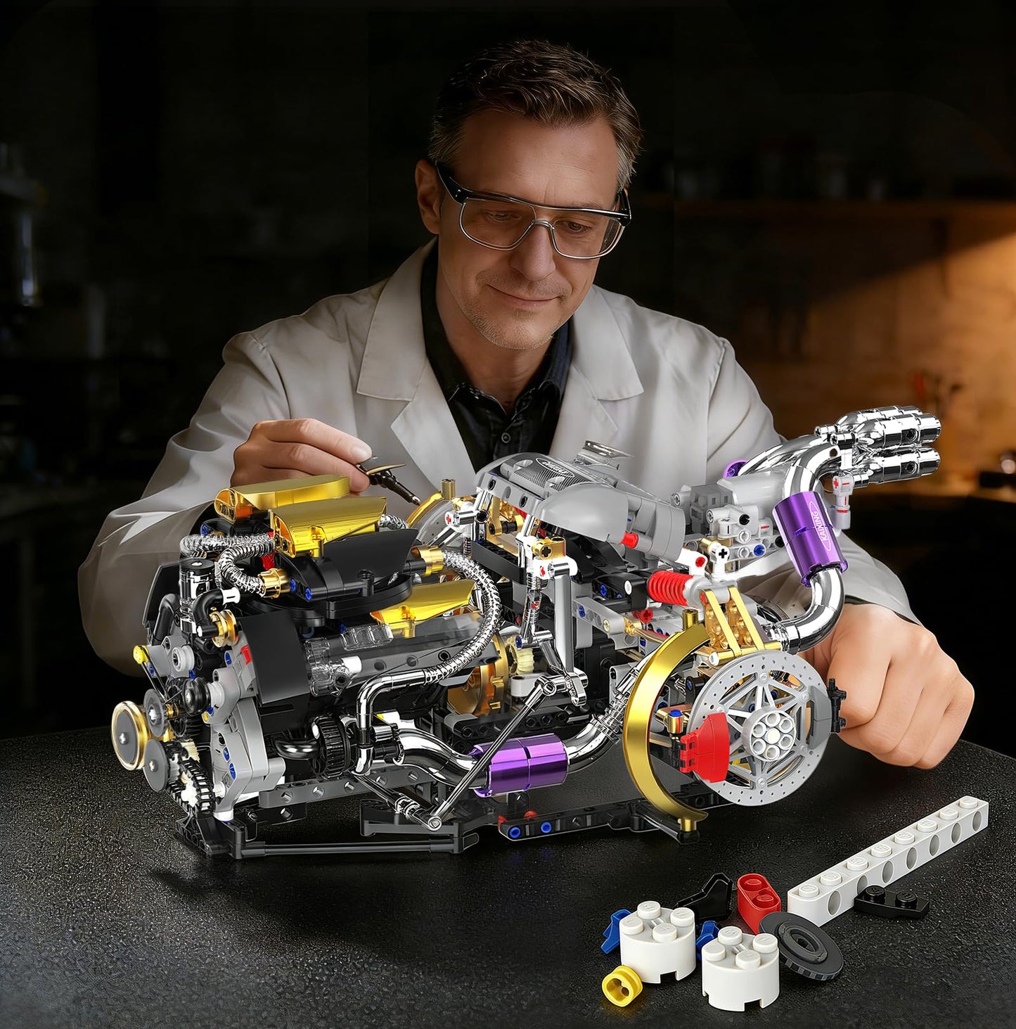 NEXTJOY V8 Engine Model Kit that Works, 1394 PCS Advanced Collectible Engine Building Block Sets with Lights & Spray, Exhibited Gift to Adults/Boys 8-14/Home Office Decor