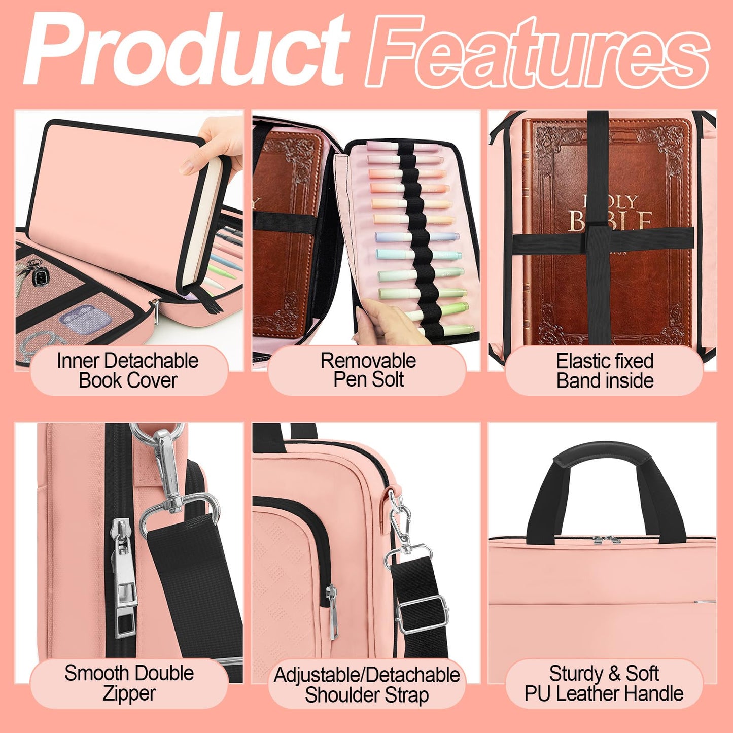 IBOVODI Pink Large Bible Cover Case for Women, Bible Study Supplies Bible Journaling Kit Book Carrying Case Church Bag with Shoulder Strap Handle Zipper Pocket, Christian Gifts