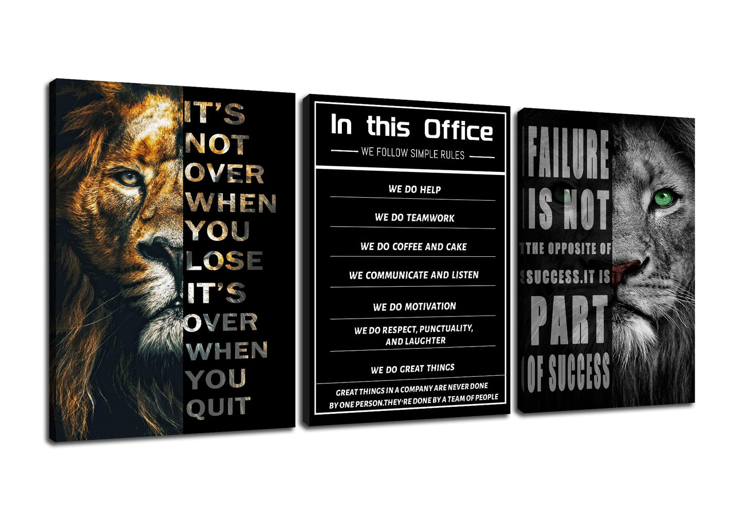 PSYYSP Motivational Triptych Wall Decor Lion Failure Success Canvas Art, Black Office Quote Posters for Office, Gym, Living Room, Workspace, Framed Canvas 60x28inch Set