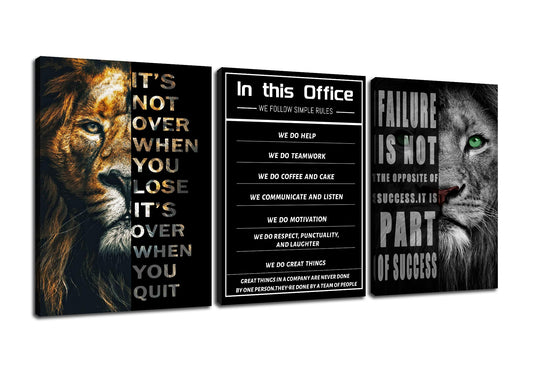 PSYYSP Motivational Triptych Wall Decor Lion Failure Success Canvas Art, Black Office Quote Posters for Office, Gym, Living Room, Workspace, Framed Canvas 60x28inch Set