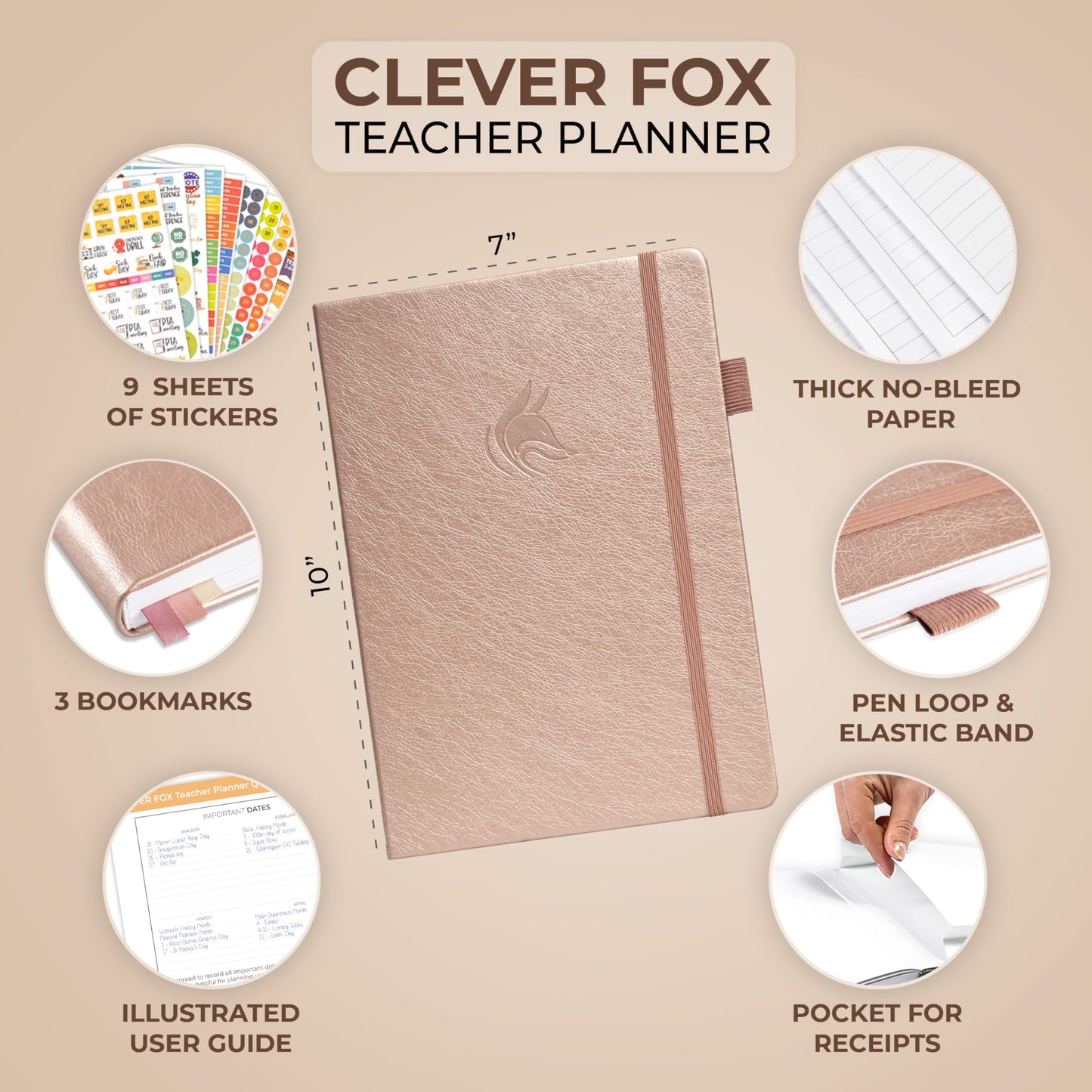 Clever Fox Teacher Planner – School Year Planner with Calendars & Lesson Plans – Teacher Plan Book for Classroom & Homeschool Organization - Undated, 7x10″, Hardcover (Rose Gold)