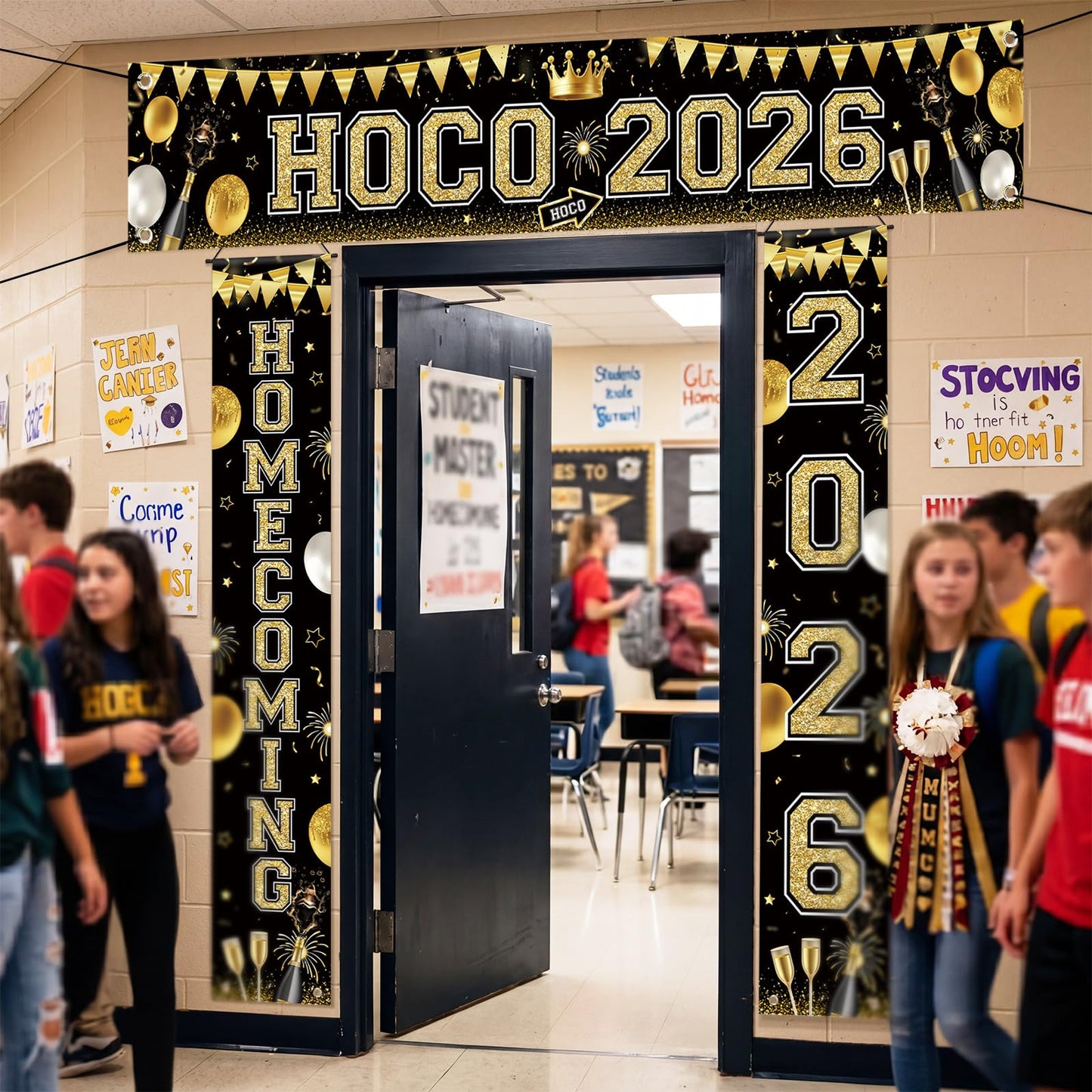 Fanfanwin 3 Pcs Hoco 2026 Banner Decorations for Hoco Party 2026 Black and Gold Homecoming 2026 Banner Yard Decorations for Homecoming Dance Party Background Supply