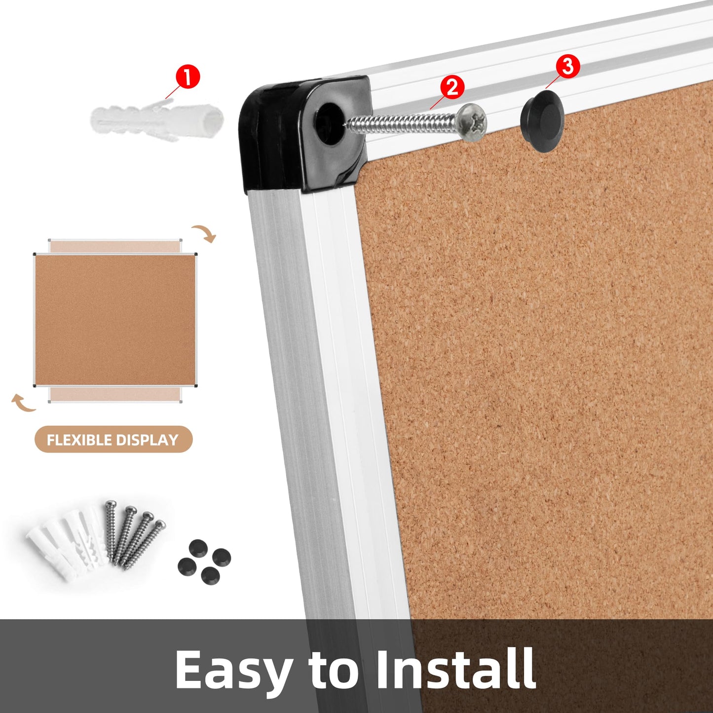 Board2by Large Cork Bulletin Board 60" X 36", Silver Aluminum Framed Corkboard for Wall, Wall Mounted Notice Pin Board with Push Pins for School, Home & Office - 5' x3' Corkboard