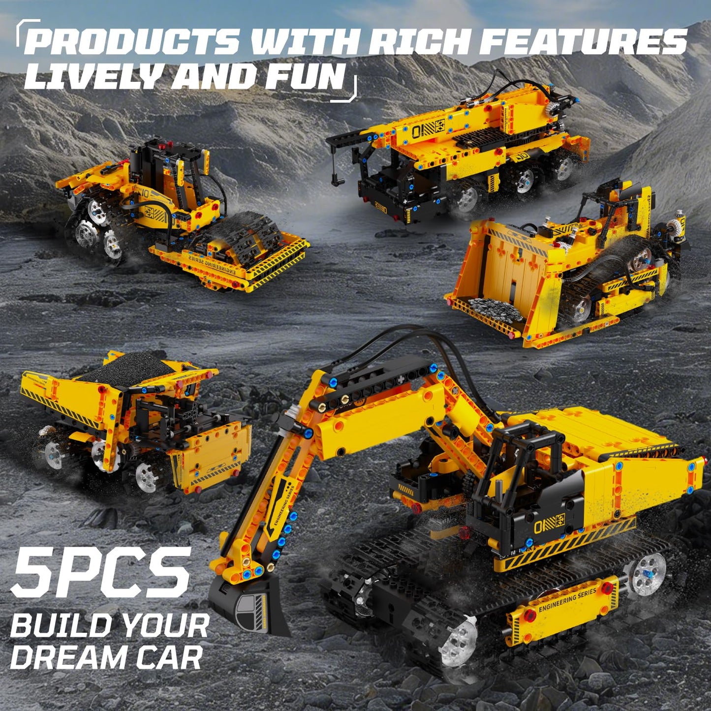 HPROMOT 5-in-1 Building Toys STEM Robotics Kits - Remote-Controlled Excavator Engineering Kit for Kids Ages 8-16 with 535 Pieces, DIY Educational Science Kits Gift for Boys & Girls