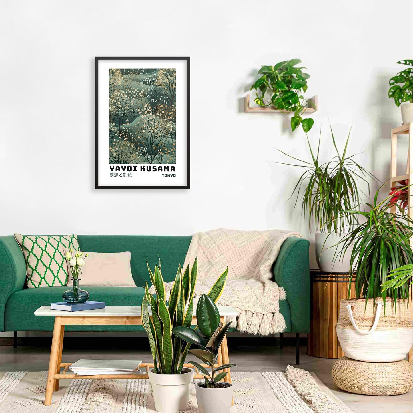 Yayoi Kusama Inspired Poster Japanese Botanical Wall Art Abstract Yayoi Kusama Print Modern Ukiyo-e Japanese Gallery Wall Decor 12x16in Black Framed for Home Bedroom Decorations