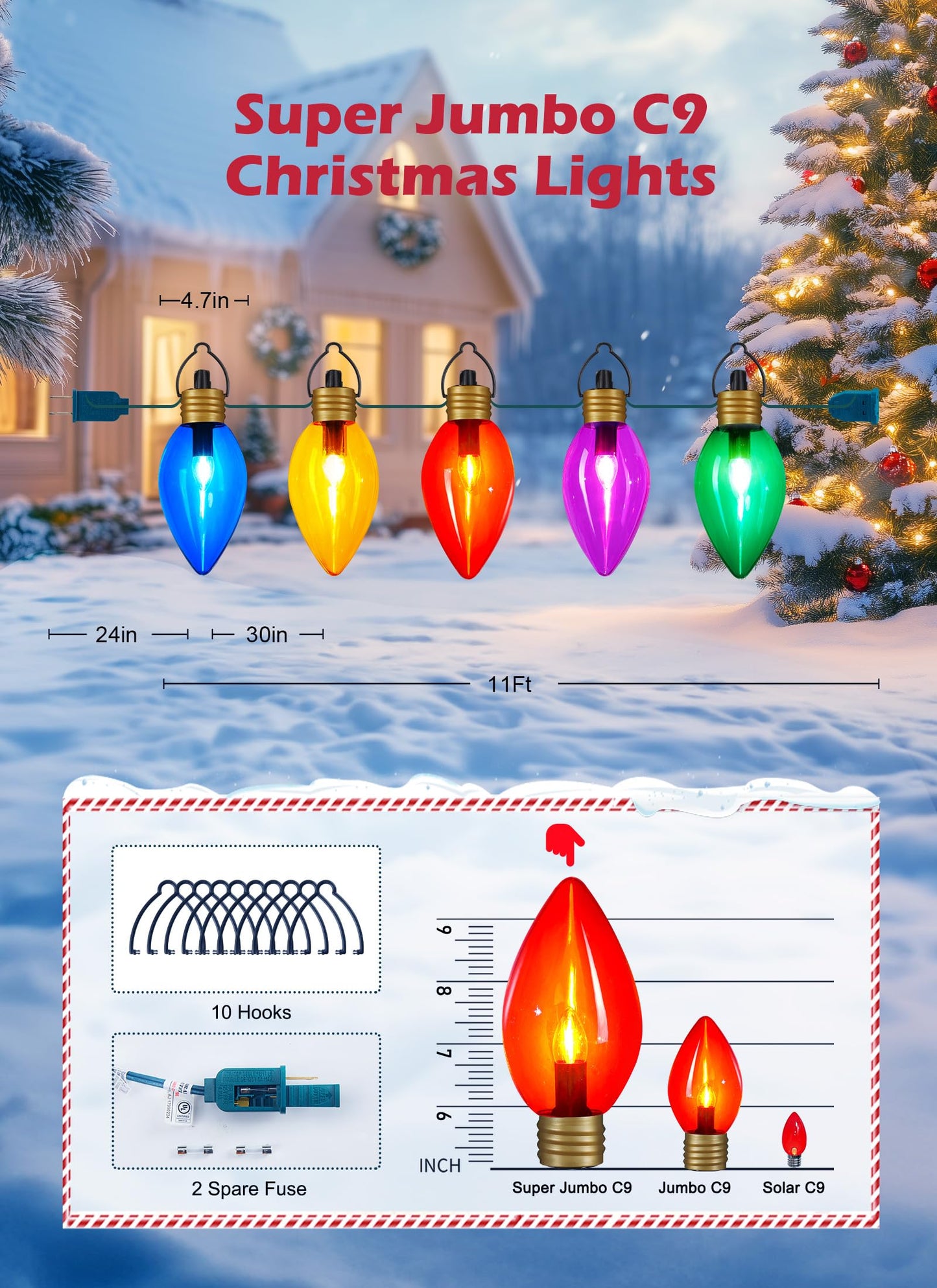 Minetom Christmas String Lights, 11Ft 5 LED Jumbo C9, Waterproof, Multicolor, 2 Pack Super Jumbo Decorations