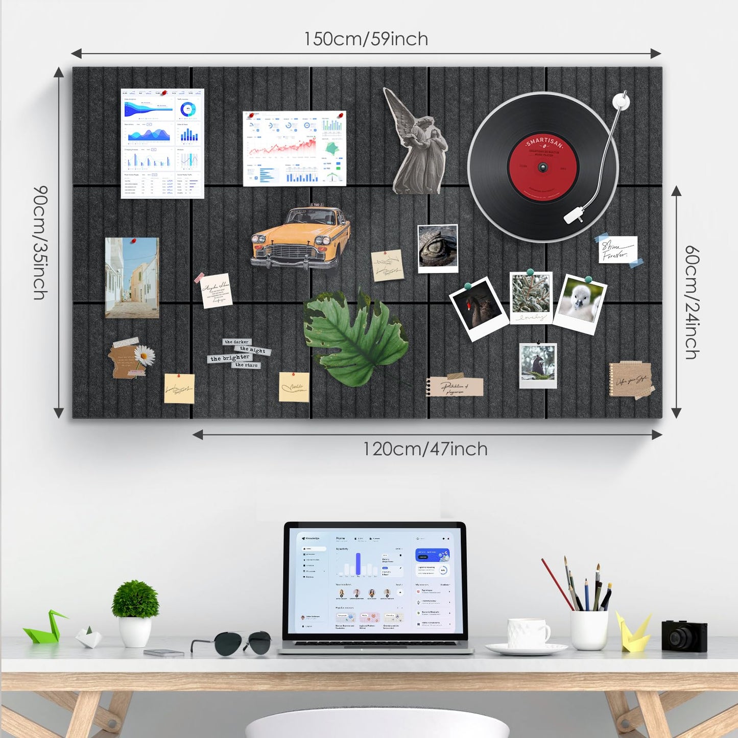 Large Bulletin Board 59" X 36" Cork Boards for Wall Alternative 15 Pack Grey Fine-Stripe Felt Bulletin Board 96 Safe Adhesive 35 Push Pins for Office School Home Room Decor