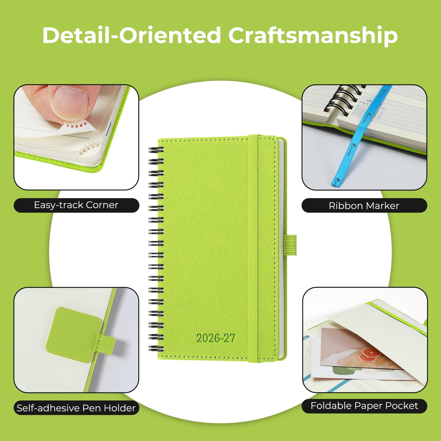IN-LUXPRO Planner 2026-2027 Daily Weekly and Monthly,6.5"x3.75",18 Months Spiral Bound Calendar Agenda with Self-adhesive Pen Holder,2026 Academic Plan with Vegan Leather Soft Cover,Wasabi Green