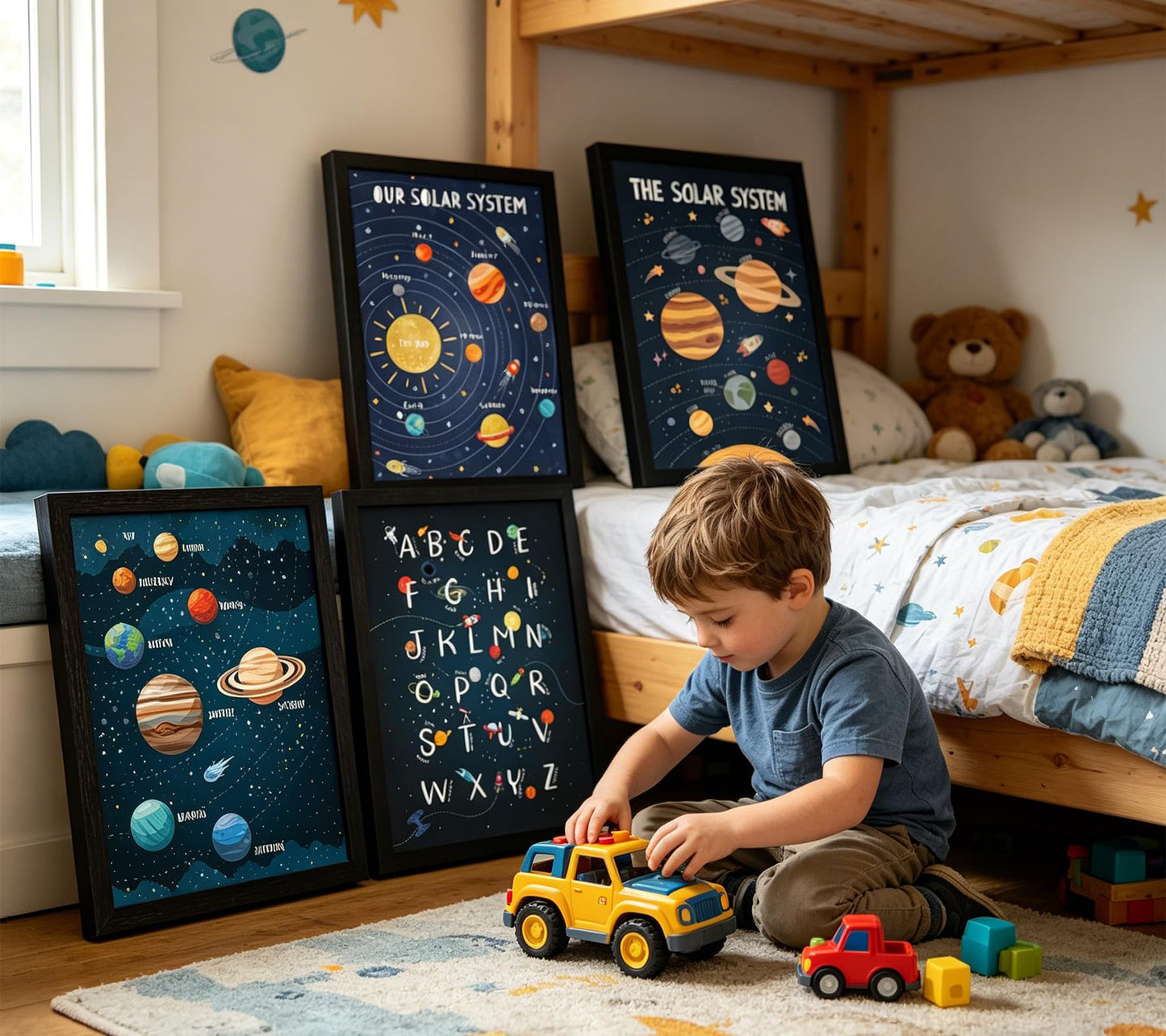 4Pcs Space Nursery Canvas Wall Art, Preschool Education Painting Picture Wall Decor, Solar System Poster Print Artworks for Classrooms, Nurseries, Children's Rooms, Playrooms, Home Decoration 12x16in