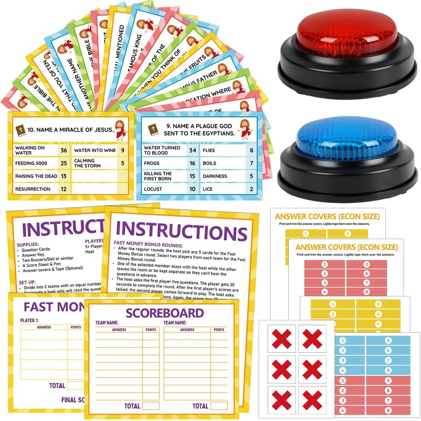 Christian Bible Feud Game with Buzzers Religious Trivia Card Game for Church Group Activities Bible Quiz Game for Family Game Night Christmas Party Classroom Team Building
