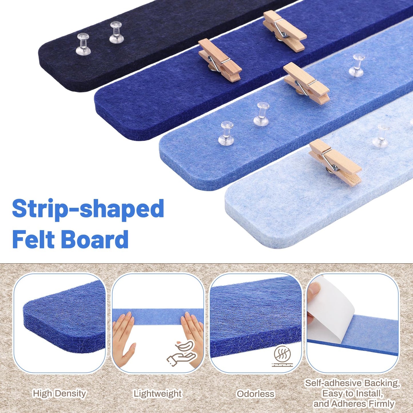 Thboxes 8 Pack Felt Bulletin Board Strips, 13x2 Inch Self Adhesive Felt Pin Boards with 50 Pushpins and 10 Wooden Clips Push Pins, Cork Board for Walls Home Office Decor(Serene Blue Mist)
