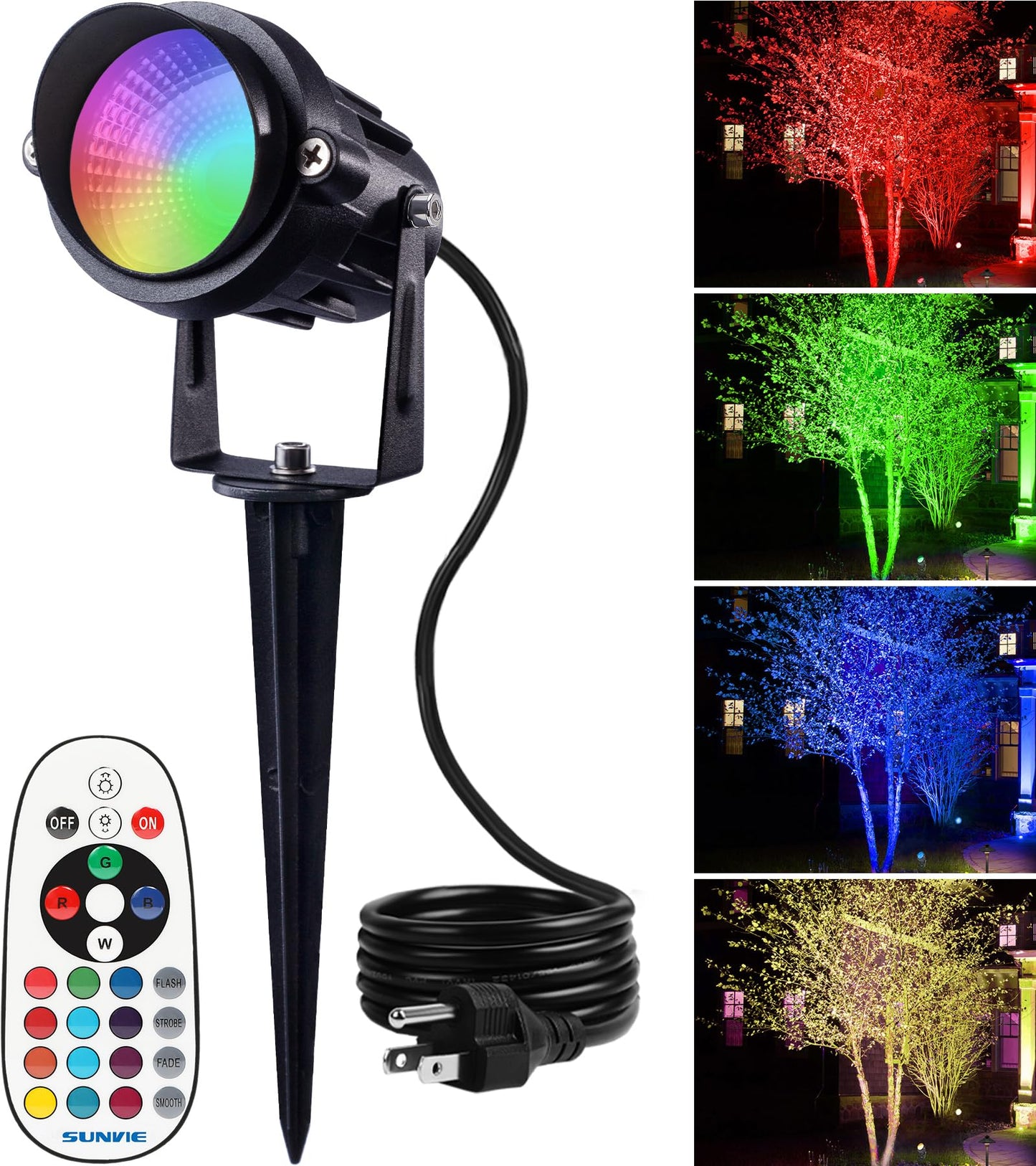 SUNVIE RGBW LED Landscape Spotlight, 12W Color Changing, Remote Control, Waterproof, 1 Pack, Multicolor, Model CHRS1201