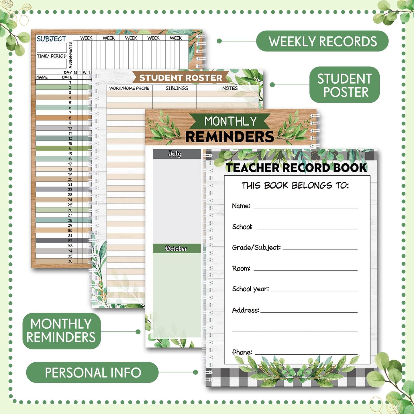 Fuyoooo Teacher Record Book Teacher Grade Books 2026-2027 Spiral Bound Record Planner 2026 Class Grade Book Office Favors for Classroom Attendance Decoration Double Sided(Boho Plant)