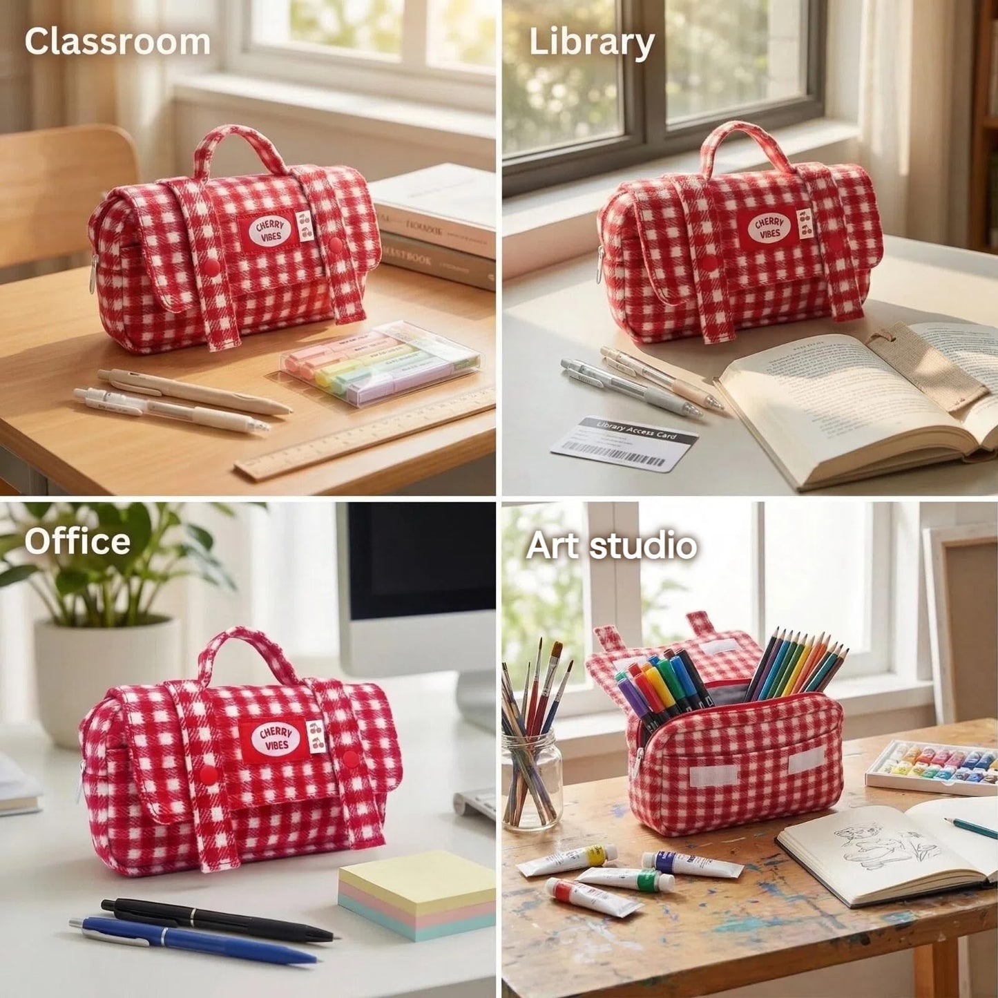 Haumei Cute Checkered Pencil Case, Red White Plaid, Large Capacity Gingham Pattern Pen Bag with Handle, Big Stationery Organizer, Multi-Use Storage Pouch, 8.7x1.6x4.7 Inches, Red