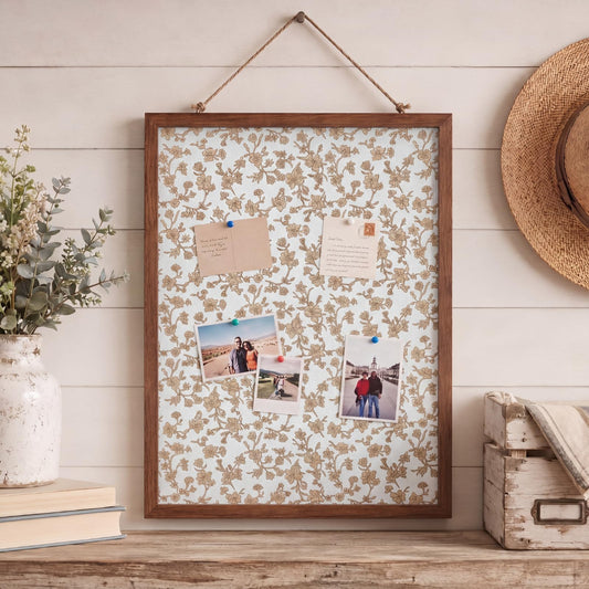 Leinuosen 17" x 23" Linen Cork Board for Walls Decorative Beige Floral Cork Boards Wood Framed Bulletin Boards, Picture Display Vision Pin Corkboards for Farmhouse Home Room Office Cottagecore Decor