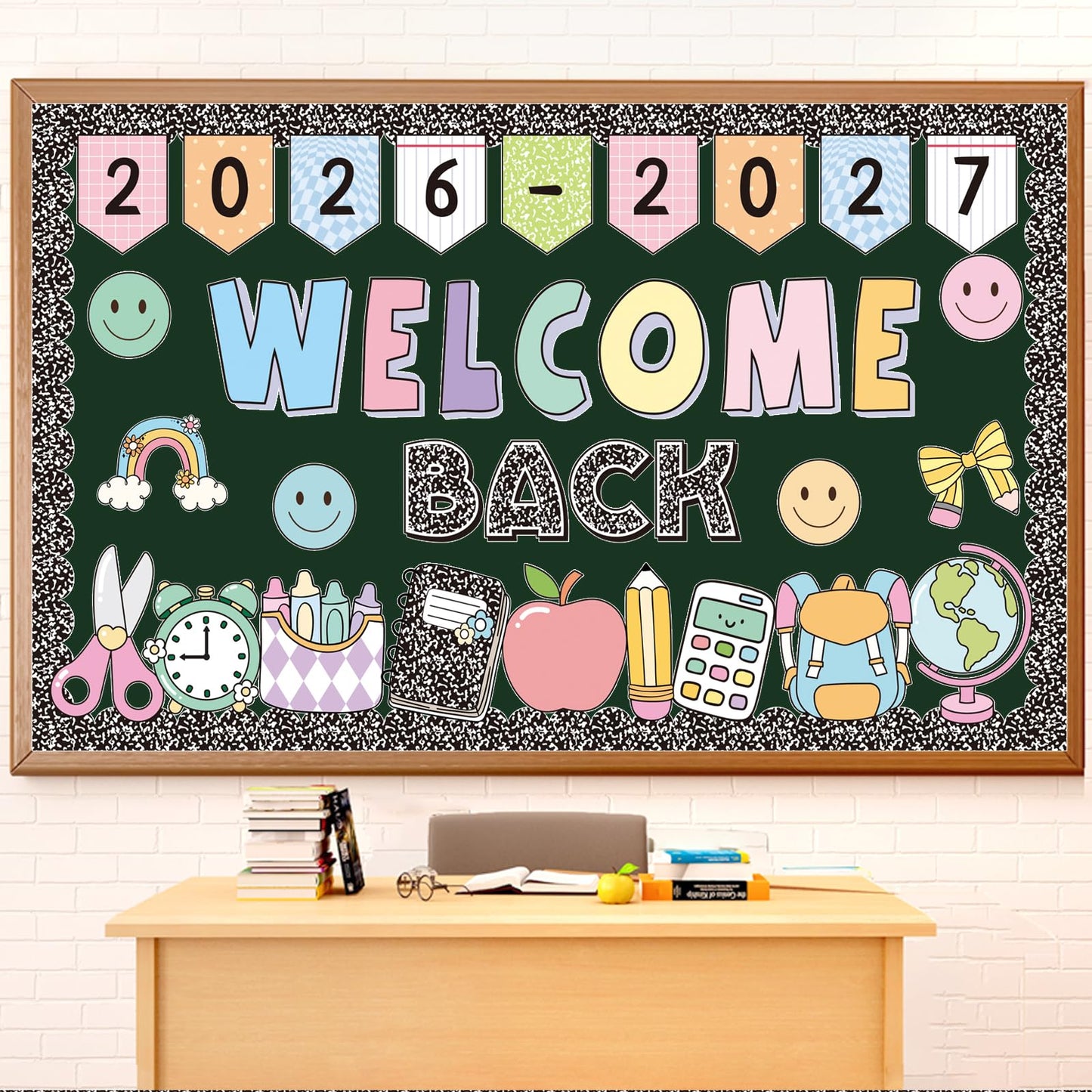 2026-2027 Welcome Back Bulletin Board Decorations Set with Borders Composition Notebook Smile Cutouts Decor for Teachers Back to School Bulletin Board for Class School Classroom Chalkboard Wall Decor