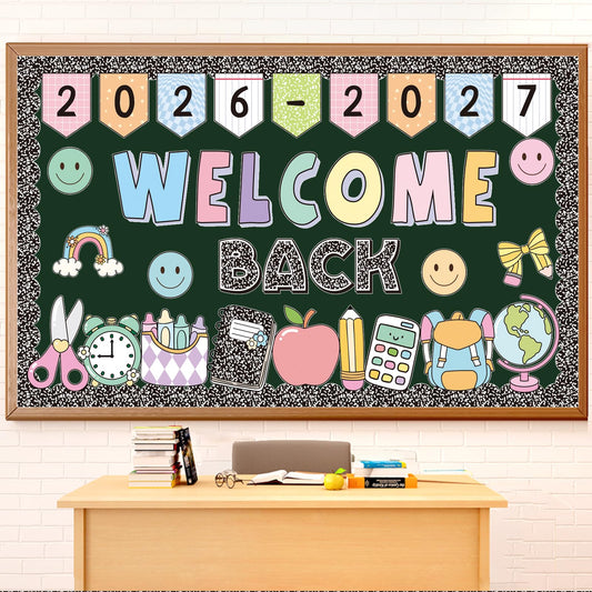 2026-2027 Welcome Back Bulletin Board Decorations Set with Borders Composition Notebook Smile Cutouts Decor for Teachers Back to School Bulletin Board for Class School Classroom Chalkboard Wall Decor