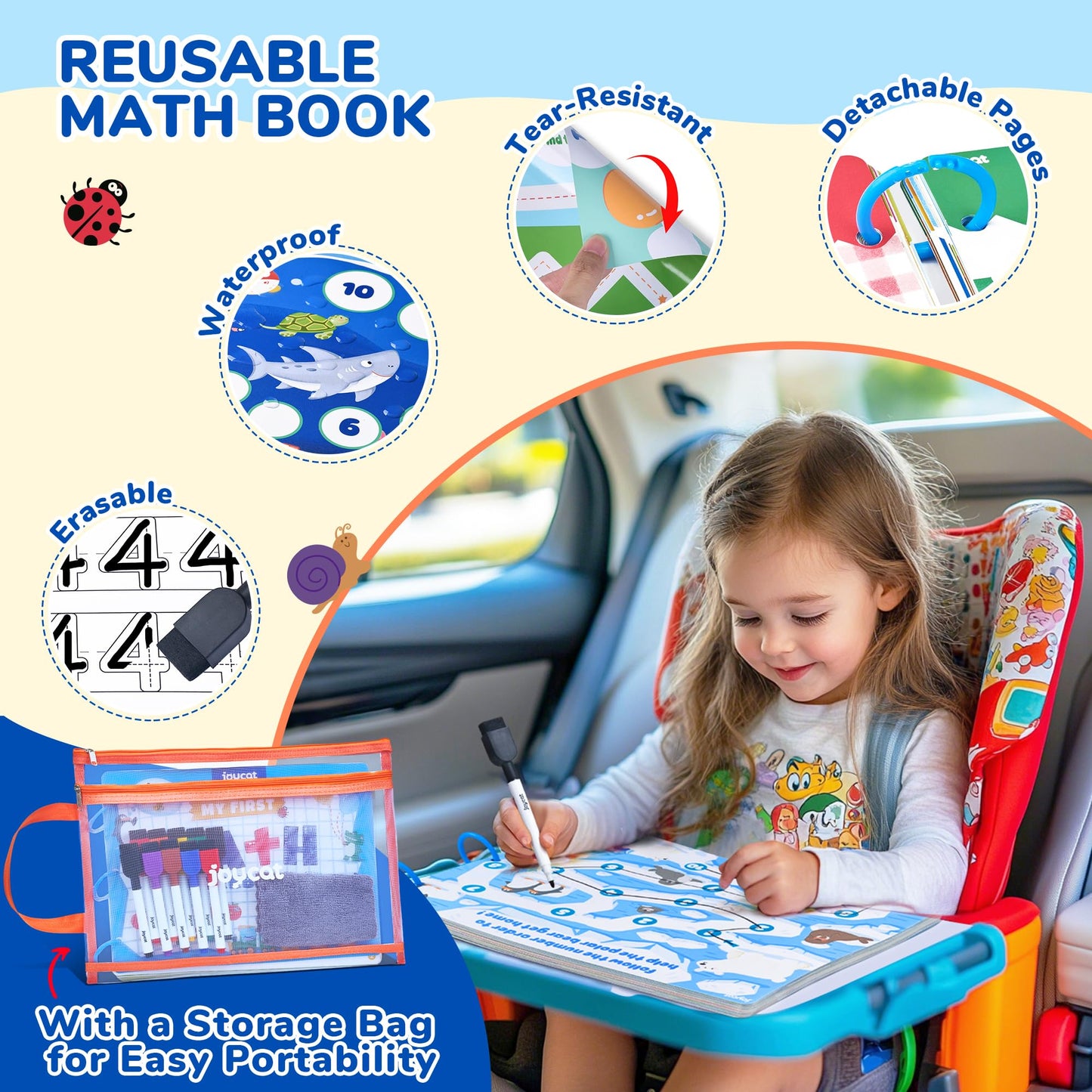 JoyCat Math Busy Book for Toddlers — Reusable Preschool Workbook with 10 Dry-Erase Markers, Number Tracing & Counting Activity Book for Kids Ages 3–8, Kindergarten Learning Activities, Travel-Ready