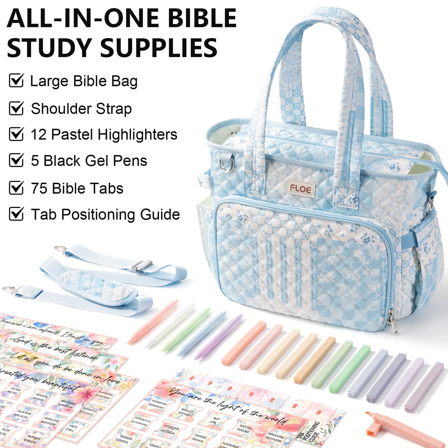 Large Bible Bag for Women Bible Cover Case, Quilted Puffer Bible Tote Bag Church Bag w/Shoulder Strap, Bible Study Supplies Journaling Kit Accessories Pen Tabs, Christmas Christian Gifts for Women Mom