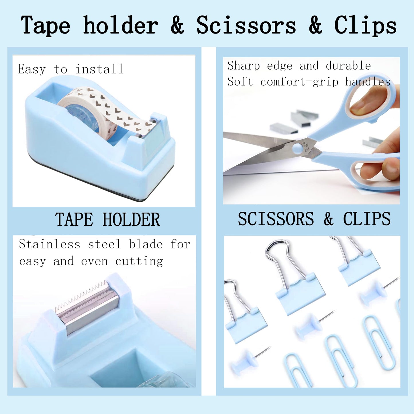 Dimonluce Blue Desk Accessories, Blue Office Supplies Accessories with Tape Dispenser, Stapler, Staple Remover, 1000 Staples, Tape, Clips Set, Ruler, Scissor, Pen