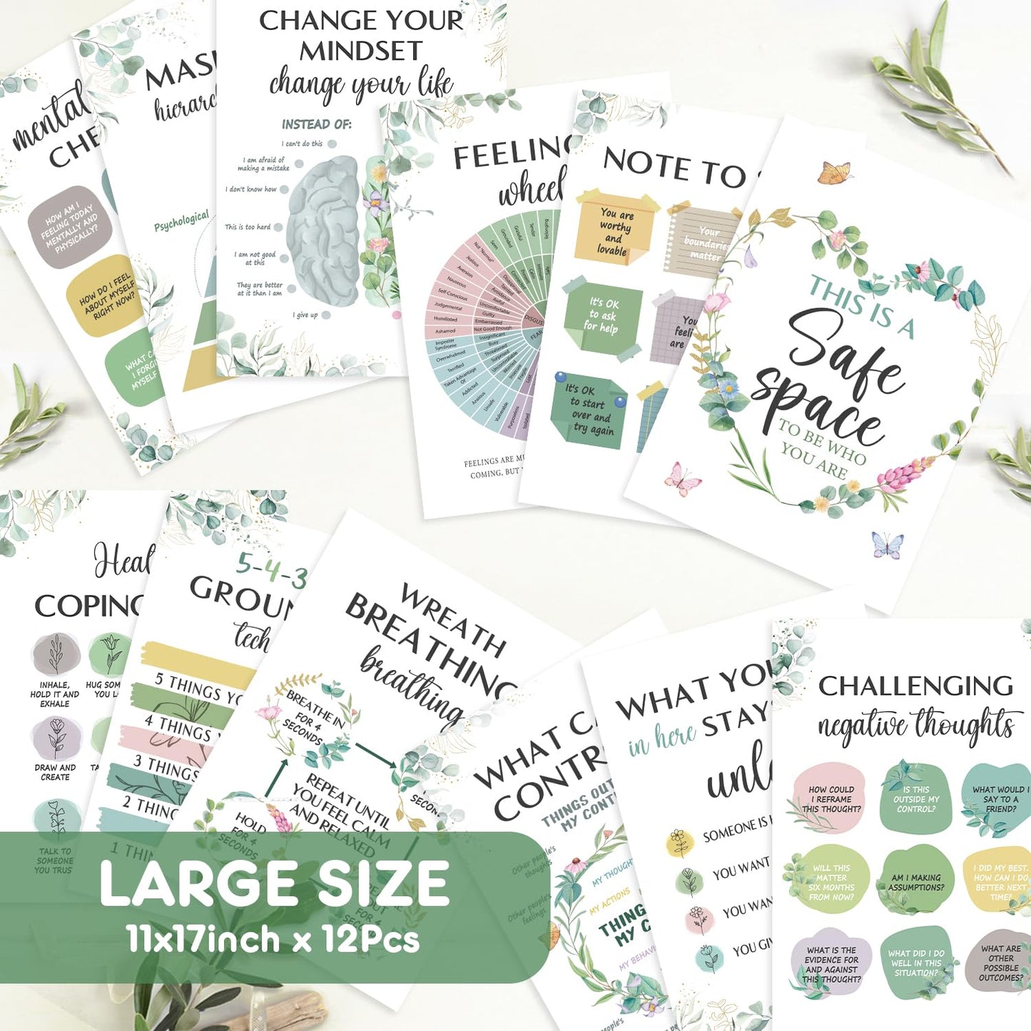 SEOIFUNG 12 Pcs Mental Health Growth Mindset Change Posters Set (11x17") - Safe Space Feelings Wheel Coping Skill Poster for Therapy Counseling Office School Home Wall Decor Counselor Therapist Gifts