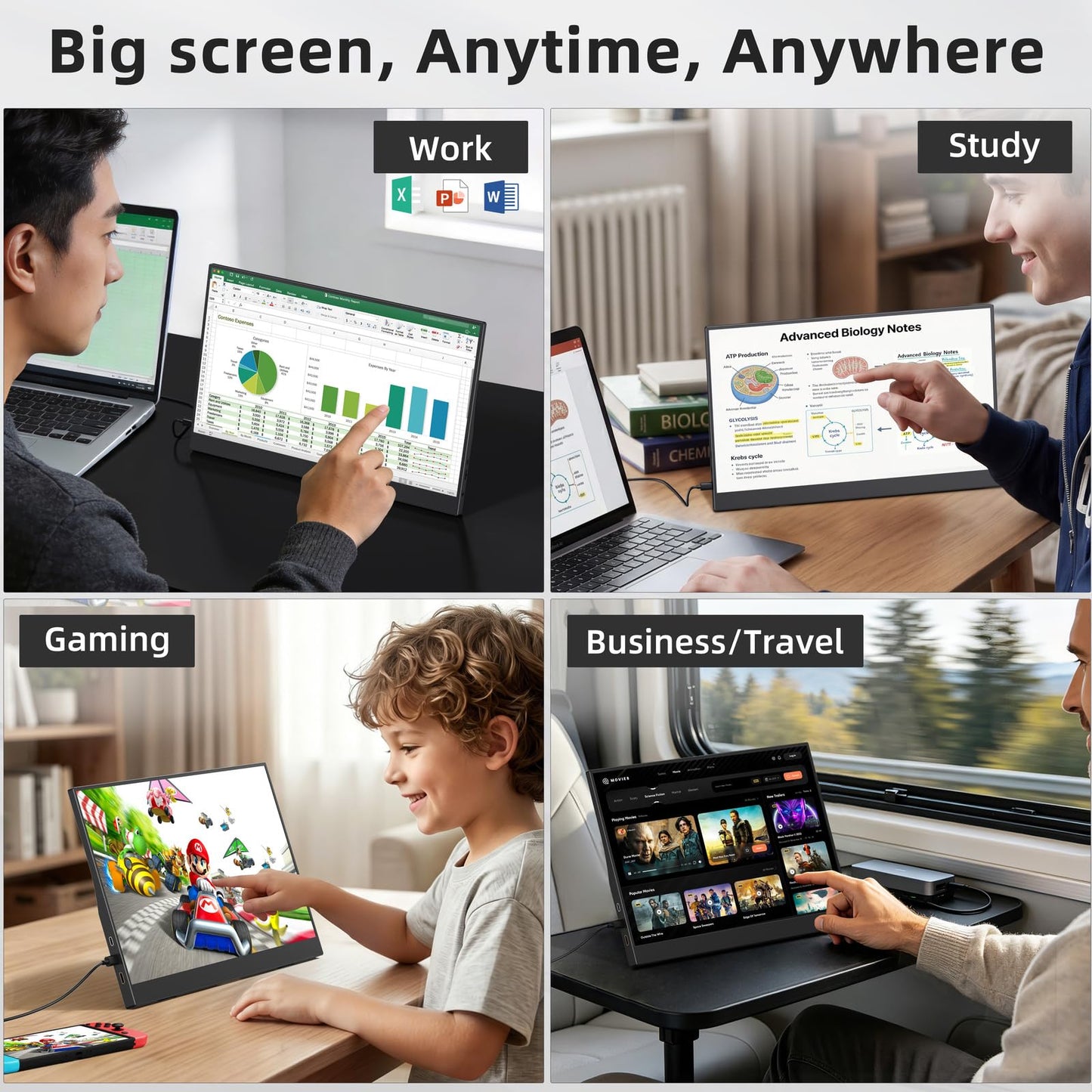 MAGICRVEN Touchscreen Portable Monitor 1080P IPS 15.6'' Touch Screen Monitor for Laptop Touch Screen Extender, USB-C HDMI External Travel Monitor Touch Display with 2-Speaker VESA for Mac PC Phone PS5