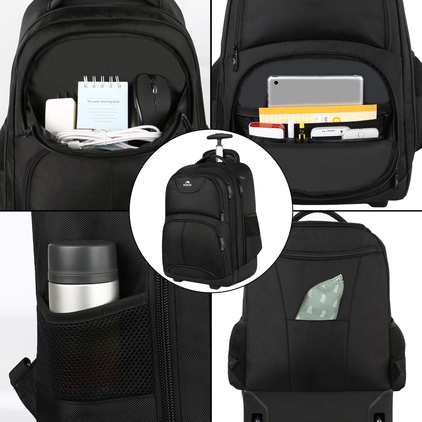 MATEIN Rolling Backpack, 17 inch Water Resistant Wheeled Laptop Backpack, Carry on Luggage Business Bag, Overnight College Computer Bag Trolley Suitcase for Men Women Adults to Travel, Black