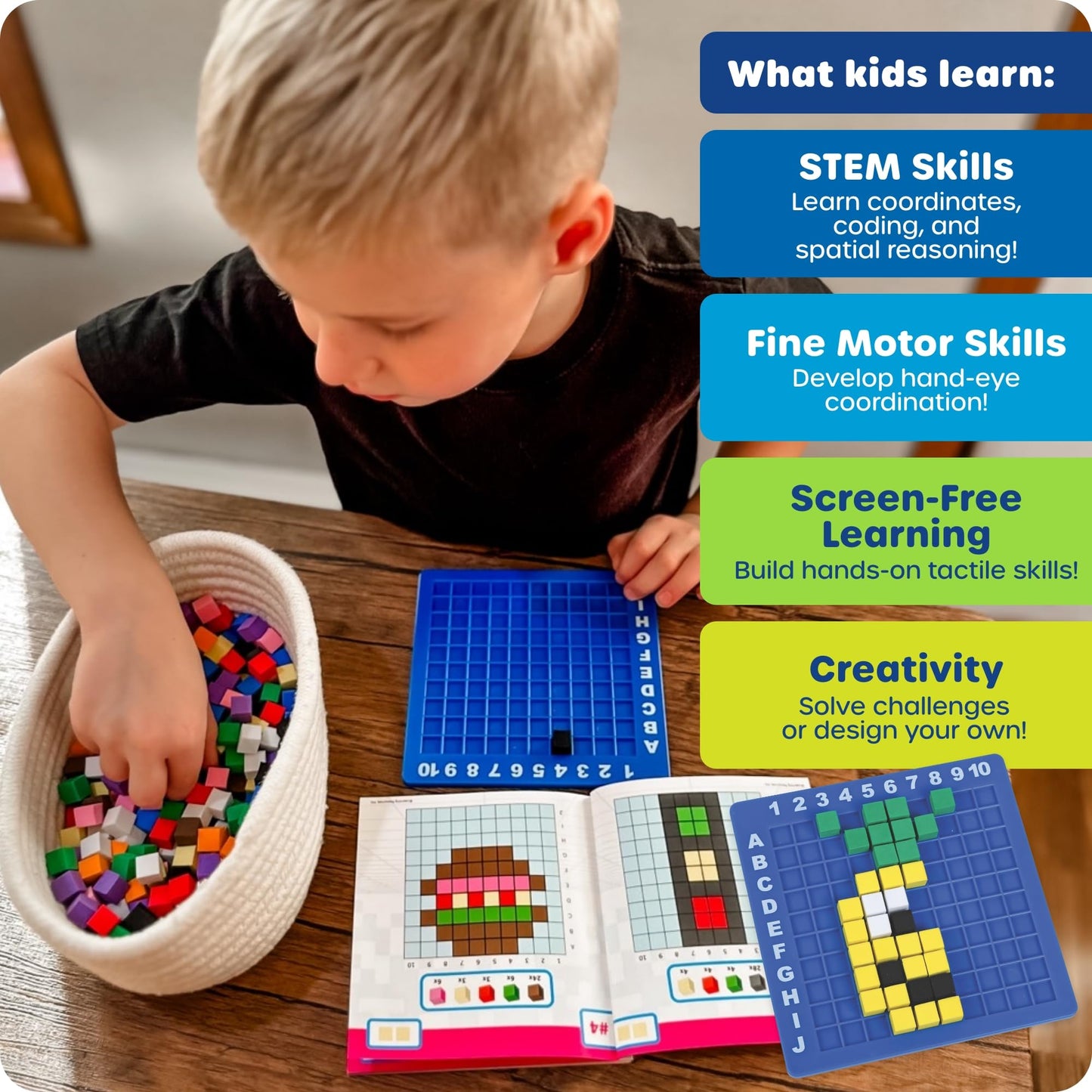 Learning Resources STEM Explorers Pixel Art Challenge - Science Kits & STEM Activities for Kids, Pattern Blocks, Fine Motor Skills, Math Manipulatives, Sorting and Counting, Gifts for Boys and Girls