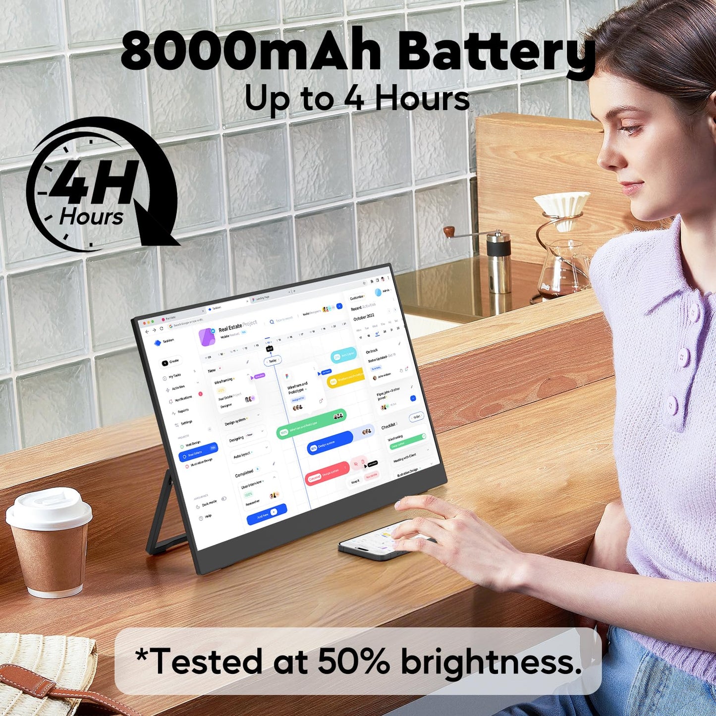 17.3" Wireless Portable Monitor with Built‑in 8000mAh Battery 4H, AirPlay & Miracast, 2.5K QHD 2560x1400 IPS Matte HDR, 125% sRGB, 500 Nits, VESA, Auto Rotation for Phone/Tablet, USB‑C & Mini HDMI